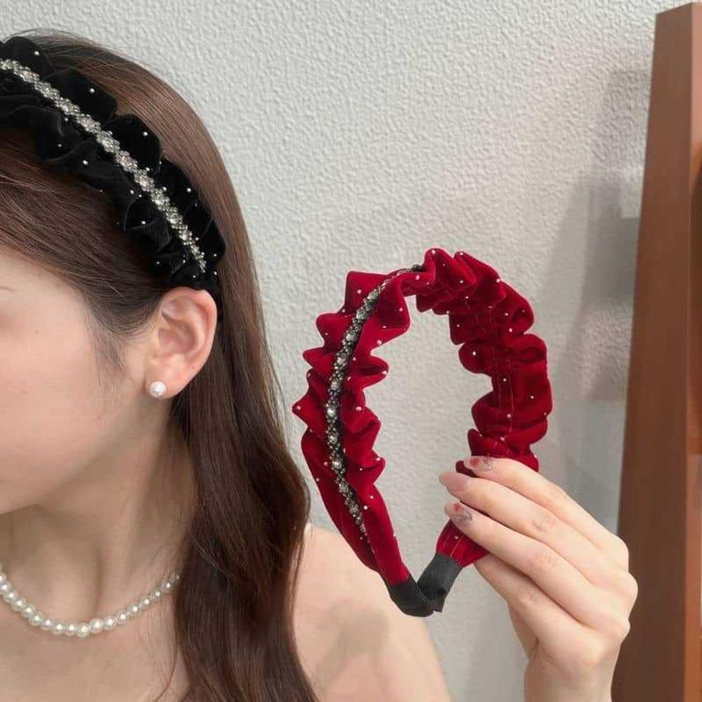

French Style Shiny Rhinestone Headband Sweet Women Sequin Hairband Velvet Pleated Hair Hoop Daily червоний