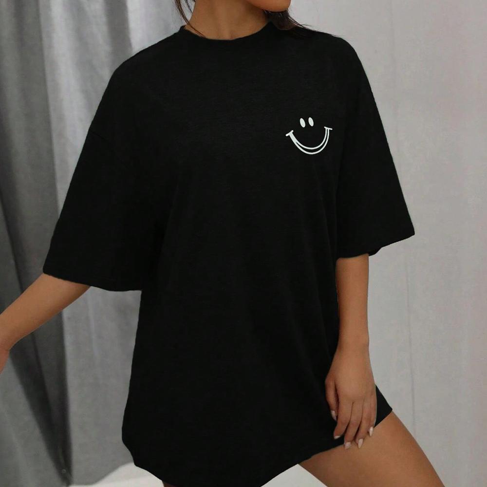 Happy Expression Printed Womens Cotton Street Hip Hop Tee Clothing All-math Breathable Woman T-Shirts