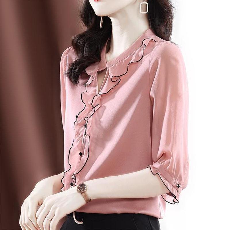 Woman Half Sleeve V Neck Chiffon Blouses Top Urban Office Lady Fashion Pullovers Blouse Women's Vintage Elegant Black Shirt 2022