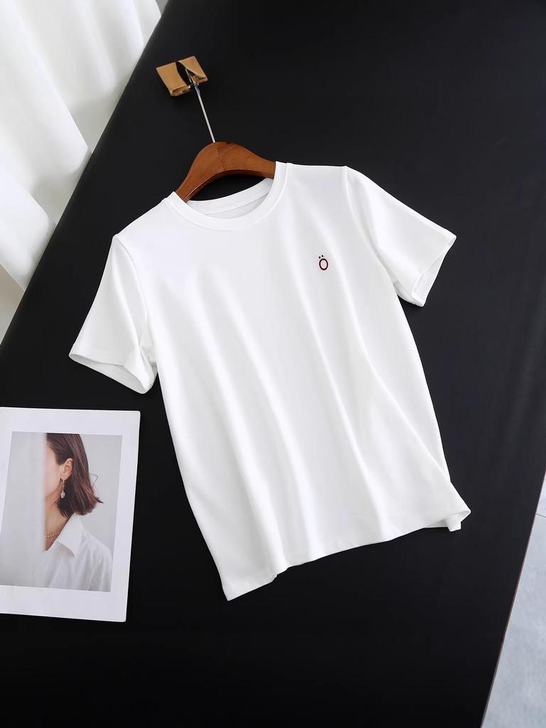 Women's Summer Embroidered Short-Sleeve T-shirt: Versatile Solid Color Base Layer Tee