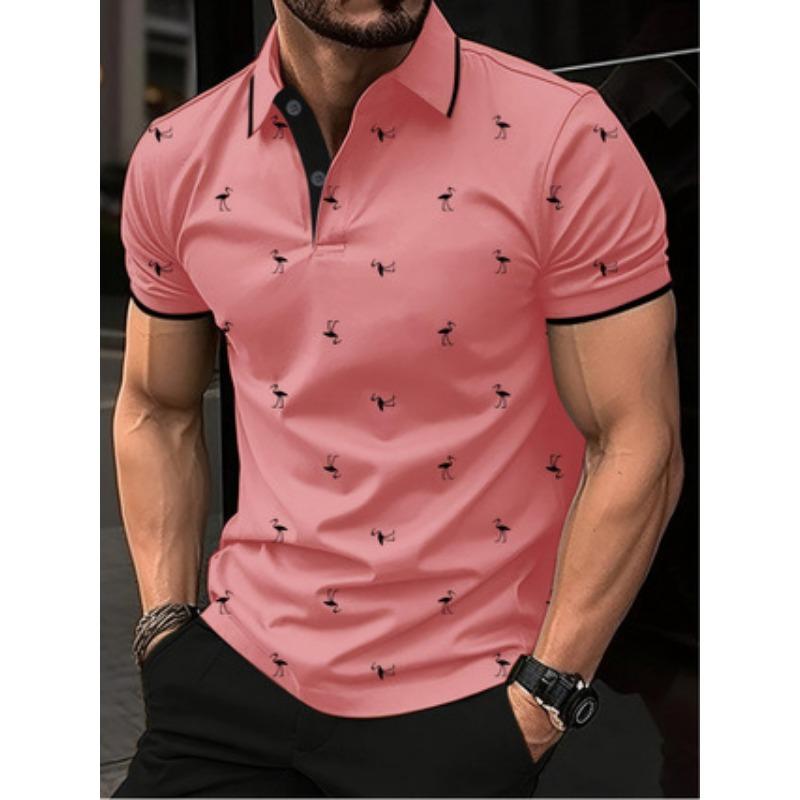 Men Fashion Flamingo Print Turn Down Collar Short Sleeve Casual Polo Shirt