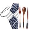 Travel Portable Cutlery Set Natural Spoon Fork Chopsticks Wooden Cloth Bag