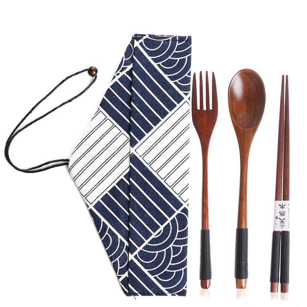 Travel Portable Cutlery Set Natural Spoon Fork Chopsticks Wooden Cloth Bag