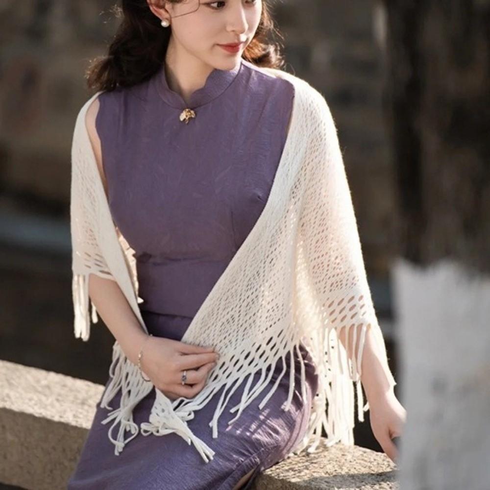 Solid Color Women's Shawls Handmade Fringes Wraps Vintage Tassel Scarf  Ladies