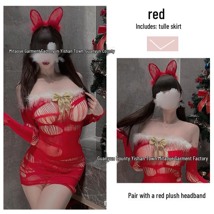 Christmas Off-Shoulder Plush Mini Dress: Sexy Cutout Long Sleeve Bodycon Mesh