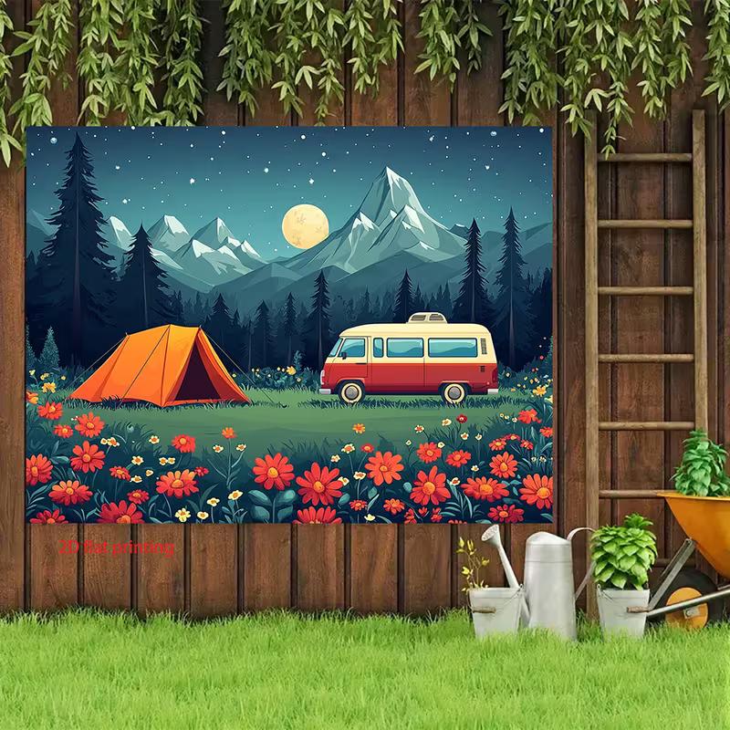 Sfondo Avventura 2D Campeggio con Tenda Arancione Furgone Retrò Sfondo Fiori di Campo per Servizio Fotografico
