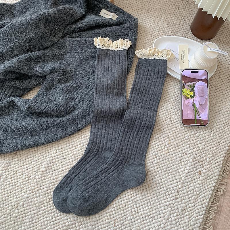 

Женские весенне-осенние кружевные носки-гольфы, подчеркивающие стройность ног 1 pair темно-серого