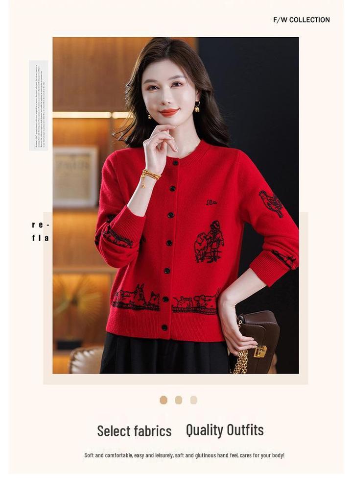 Women's Jacquard Wool Cardigan: Autumn/Winter Knitwear for Stylish Middle-Aged Mothers