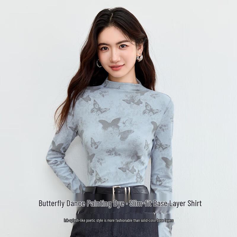Shangdoubila Women s Tie-Dye Print Mock Neck Long Sleeve Slim Fit Top L