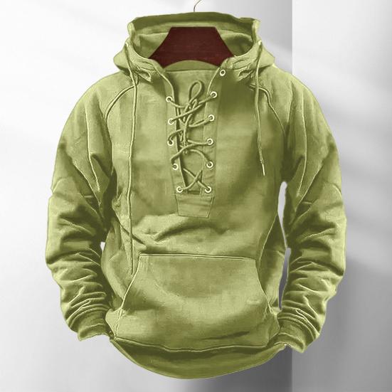 Fall Winter Men Hoodie Lace-up Strap Loose Elastic Cuff Retro Warm Pullover Mid Length Hip Hop Patch Pocket Solid Color Hoodie Top