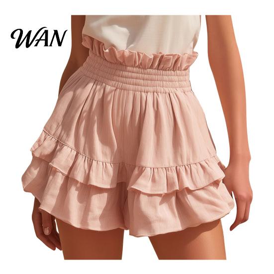 High Waist Wide Leg Shorts Women s Cotton Linen Ruffle Tiered Shorts, Elastic Casual Women Layered Flowy Summer Beach Mini Belted Trousers XXXL розовый