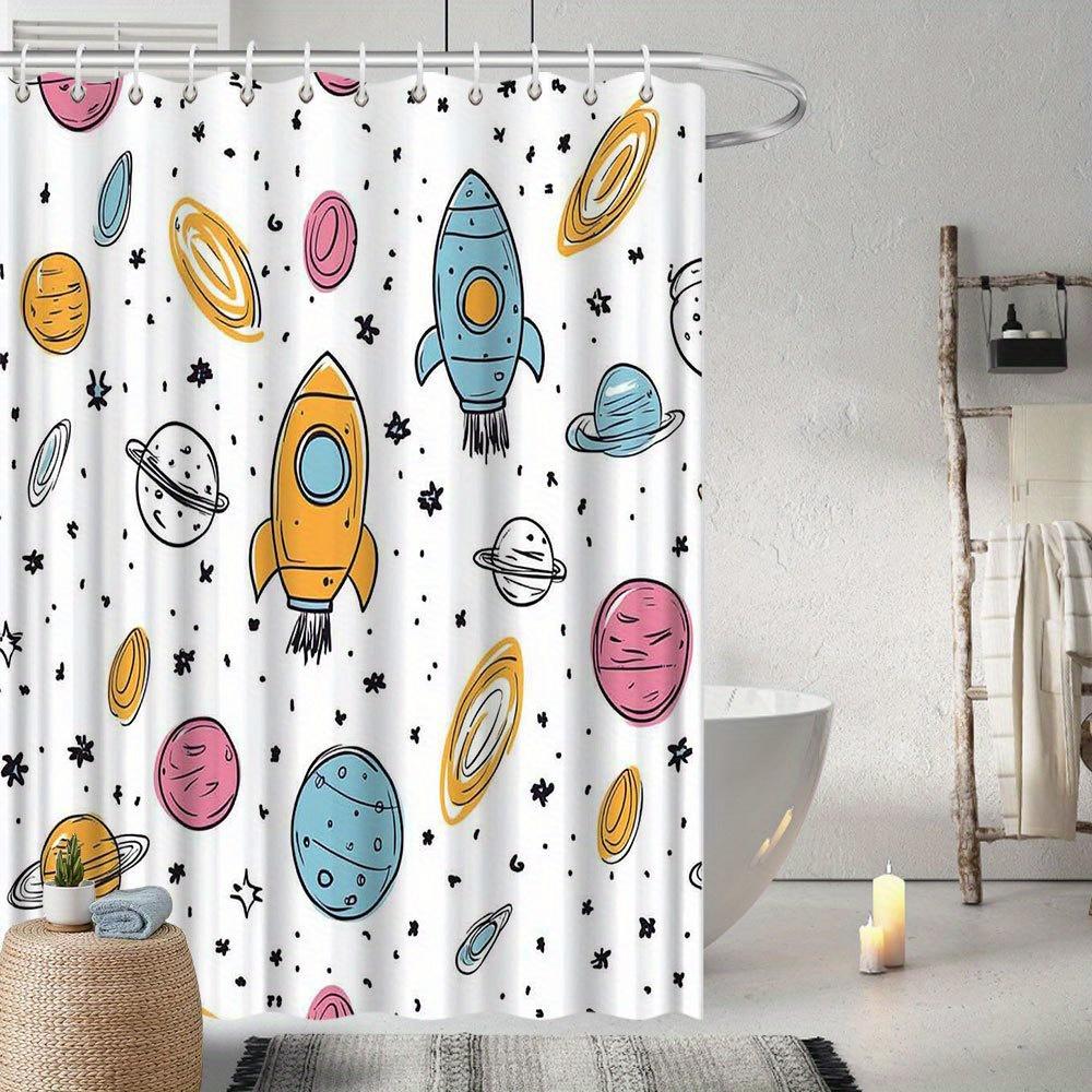 Space-Themed Shower Curtain, Celestial Bodies & Rockets Design, Fade-Resistant Polyester, Machine Washable, Fun Bath Decor