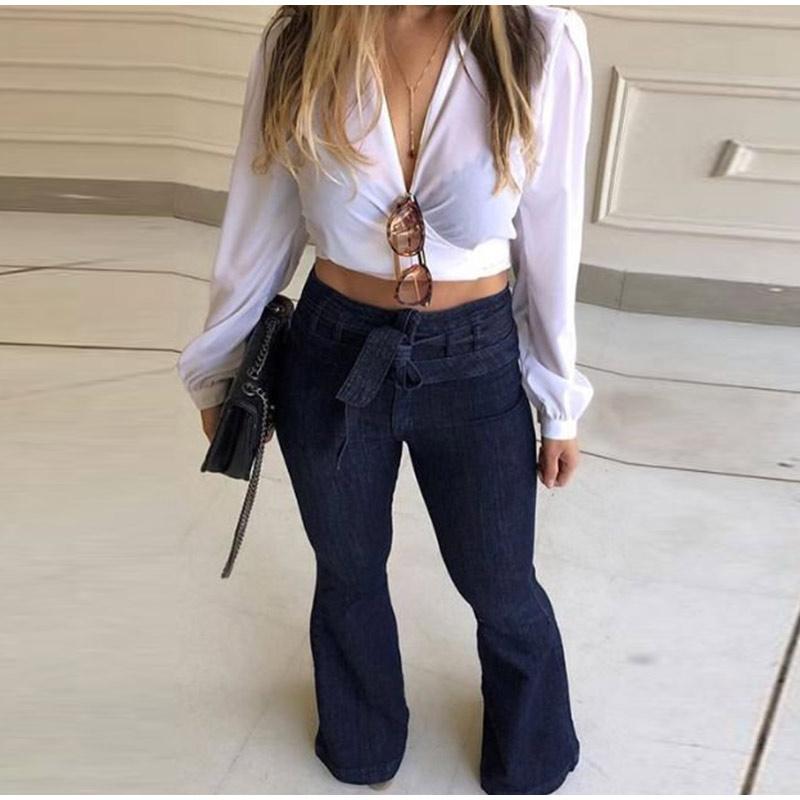 Women Jeans Solid Color High Waist Flare Pants Zipper Fly Flat Pockets Streetwear Slim Patchwork Button Slight Strech Belt
