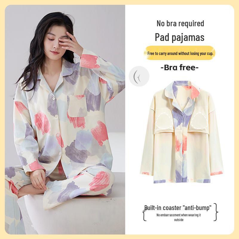 

Class A Women s Long-Sleeve Cardigan with Chest Pads, Pure Cotton, Turn-Down Collar, Loose Fit, Korean Style Casual Homewear Set for Autumn/Winter. L
