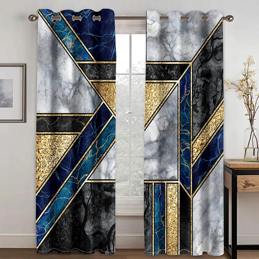 Ready-made Abstract Marble Blue Gold Design Cheap Modern Thin 2 Pieces Curtains for Living Room Bedroom Window Drape Home Decor