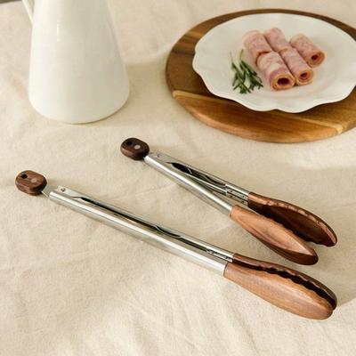 Stainless Steel Food Clip Walnut Wooden Handle Multifunctional Heat-Resistant Tongs Anti-Scald Kitchen Tool for Grilling Frying