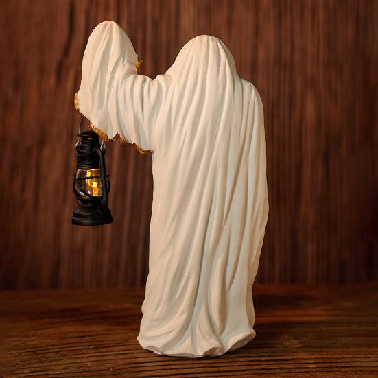 Ghost Wizard Figurine Halloween Ghost Statue with Light-up Lantern Vintage Gothic Ghost Sculpture for Indoor Mantel Cabinet Decoration