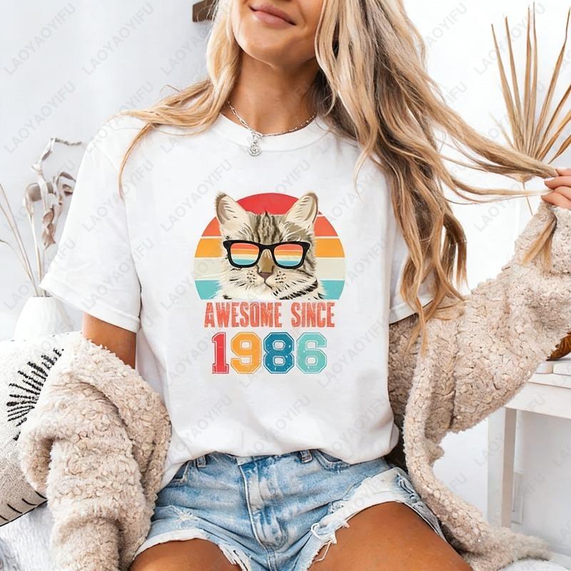 Awesome Since 1986 Shirt 40th Happy Birthday Classic Be Born 1986s Retro Cool Cat Oneck Printed Tops Unisex Tee Women Clothing
