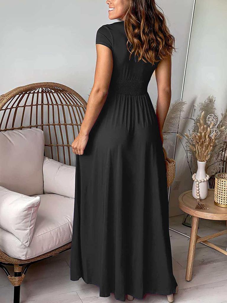Women's Deep V-neck Pleated High-waisted Slit Evening Gown