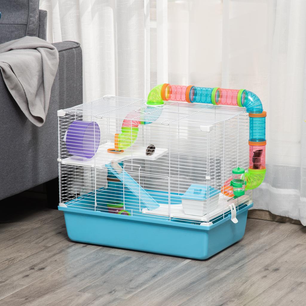 3-Tier Hamster Cage with Tubes, House, Water Tank and Wheel, 59x36x47 cm