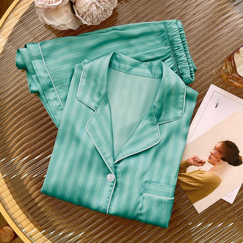 Summer Short Sleeve Tops and Shorts Pajamas for Woman Korean 2 Piece Women Set Silk Fashion Sleepwear Elegant Green Stripe Satin Pajama Set Young Girl