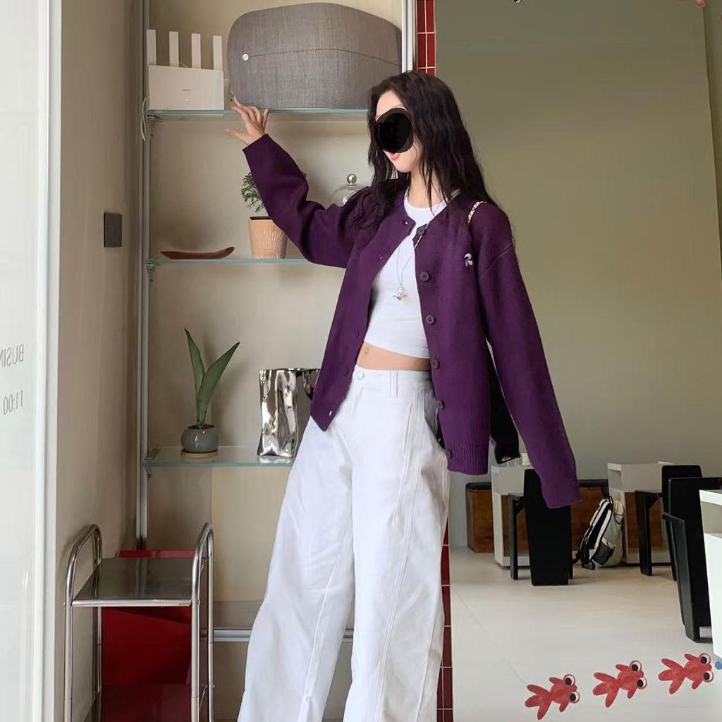 Cardigan Tricot Violet Haut de Gamme Coréen - Col Rond, Style Preppy, Pull Brodé Automne