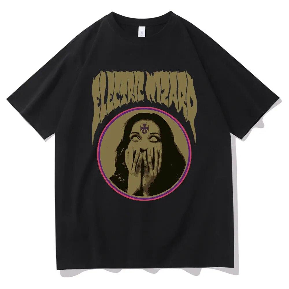 Elektryczny czarodziej opętany T-shirt z nadrukiem unisex kobiety rockowa koszulka z czystej bawełny okrągły dekolt w stylu casual, czarny t-shirty unisex czarny streetwear