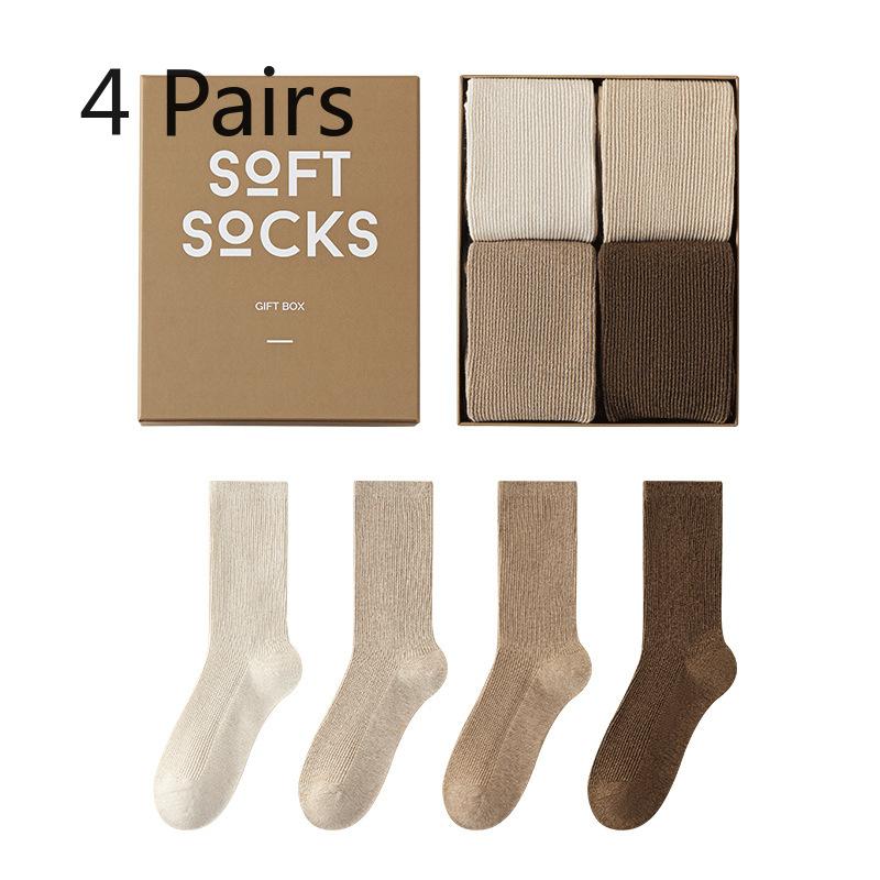 4 Pairs of Gift Box Ladies Autumn and Winter Classic Boneless All Match Solid Color Vertical Stripe Long Stack Socks