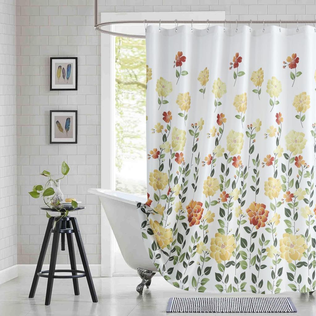 Floral Pattern Fabric Shower Curtain, Beige Gray Plant Bathroom Shower Curtain, Waterproof Bathroom Shower Curtain Curtain