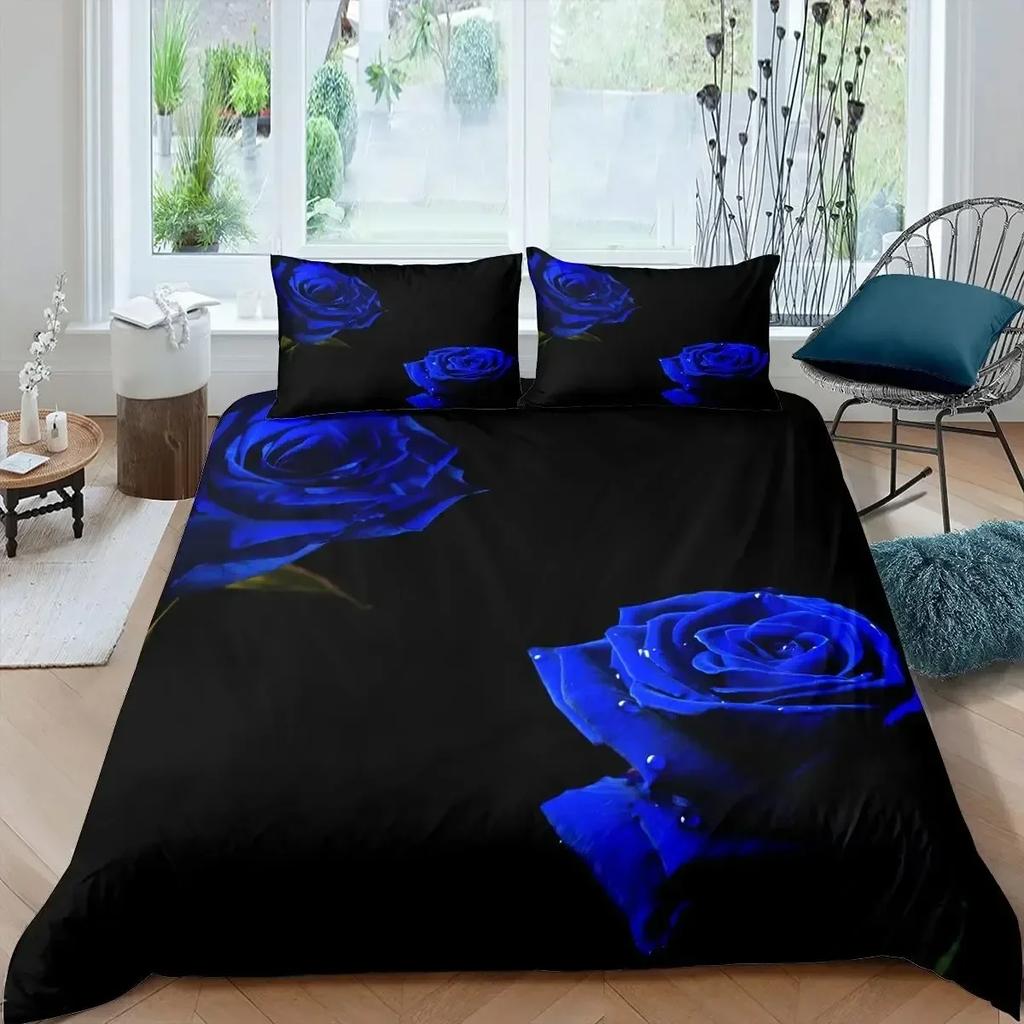 Niebieska Róża Kwiatowy Wzór Pościel Chłopcy Dziewczynki Rozmiar Twin Queen Poszwa na Kołdrę Poszewka Łóżko Dzieci Dorosły Moda Tekstylia Domowe