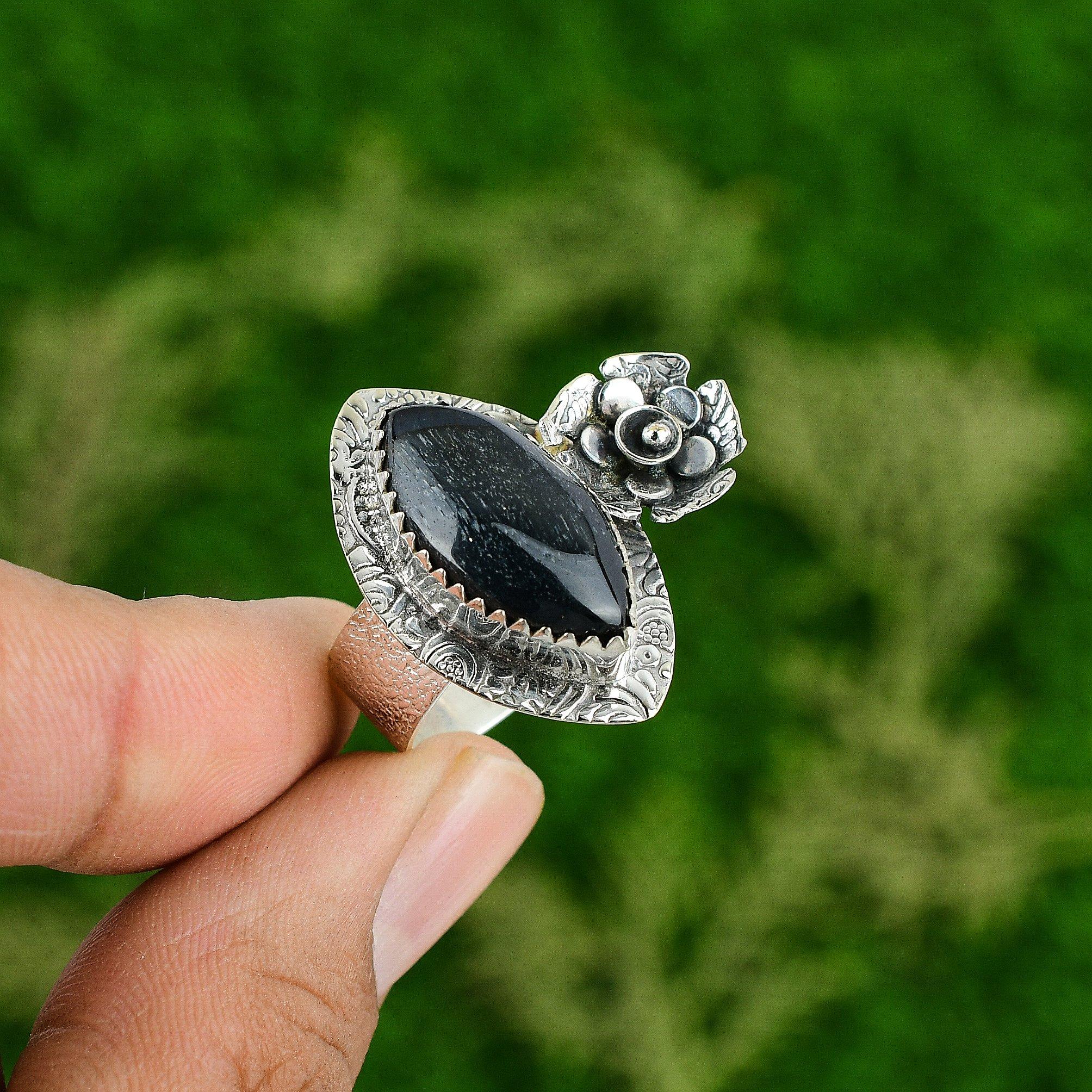 

Natural Pietersite Gemstone Stackable Flower Blue Ring Size 8 925 Silver 8