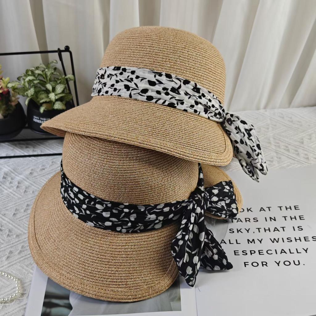 New straw hat women's summer travel sun hat back opening floral bow bucket hat straw woven wide brim sun protection hat