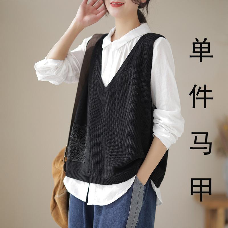 Spring and Autumn Women's Knitted Vest V-neck Solid Color Ethnic Style Lace Sweater Women