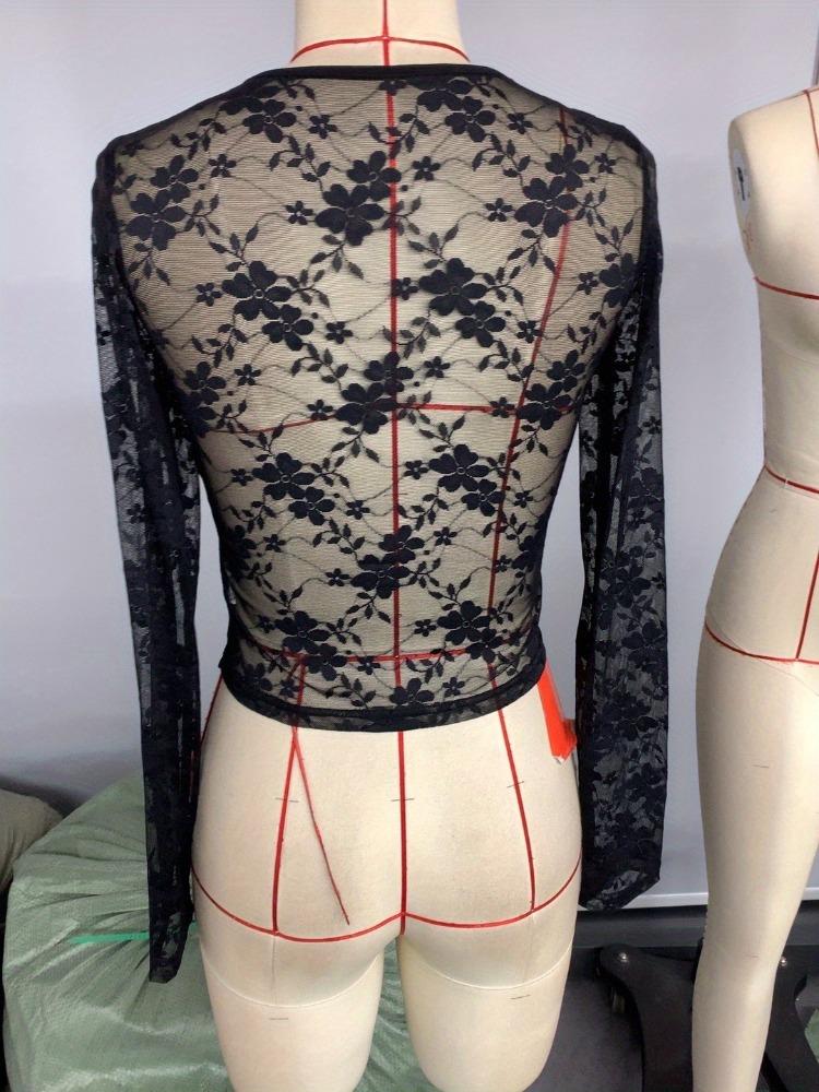 Spring Women's Solid Color Lace Transparent Round Neck Long Sleeve T-Shirt Tops Women Versatile Closet Essential Fashion Items Shirt