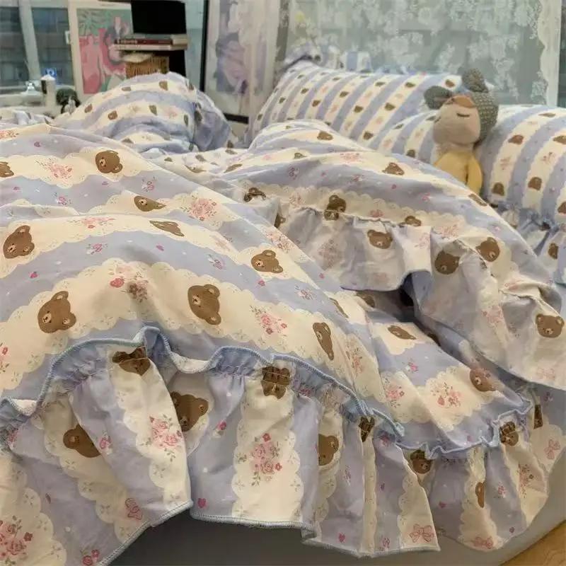 

Комплект постельного белья в корейском стиле «Принцесса», хлопковый, винтажный, с французскими пасторальными цветами и кружевными оборками, комплект пододеяльника и наволочки 150x200 4pcs