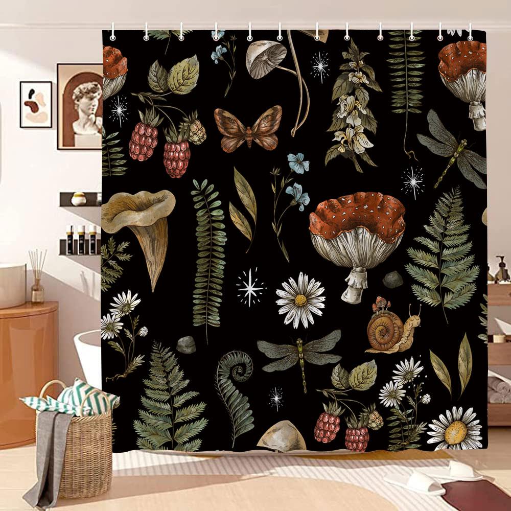 Mushroom Shower Curtain Retro Butterfly Floral Boho Moon Botanical Wildflowers Green Plant Aesthetic Bath Curtain Bathroom Decor