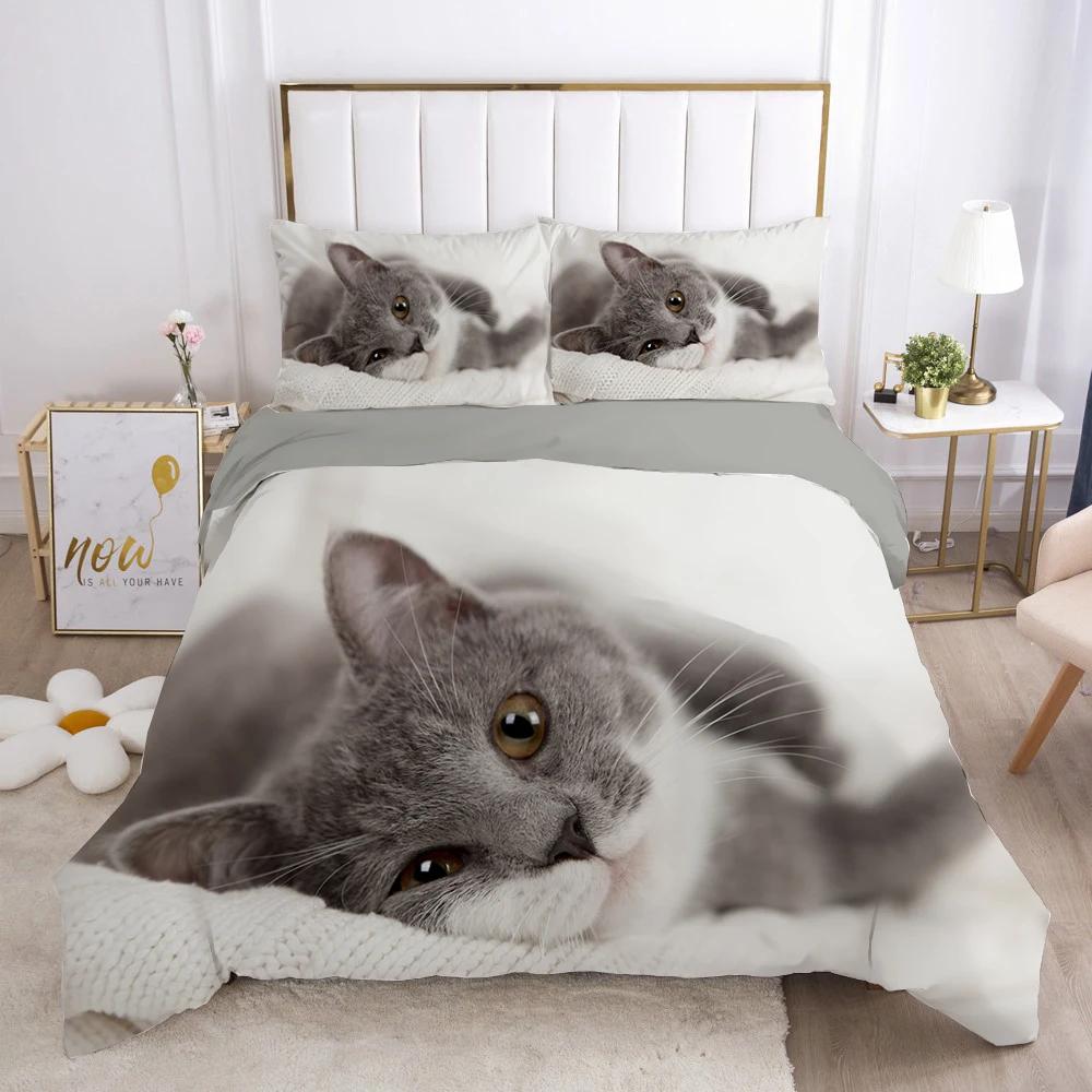 Cat Duvet Cover Set Lovely Animal Kitten Printed Quilt Cover Kids Teens Girl Animal Double Queen King Size Polyester Bedding Set