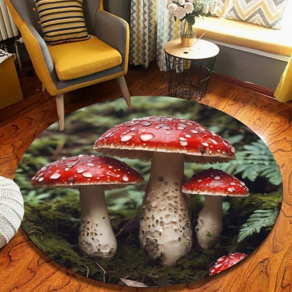 Illustration Style Mushroom Round Rug Mushroom Pattern Home Decor Carpet Soft Non-Slip Floor Mat for Living Room Bedroom