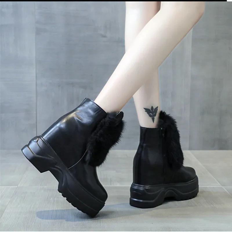 New Chunky Boots Women Rabbit Fur Waterproof High Platform Warm Sneakers Winter Leather Snow Boots 9.5CM Thick Sole Ankle Boots