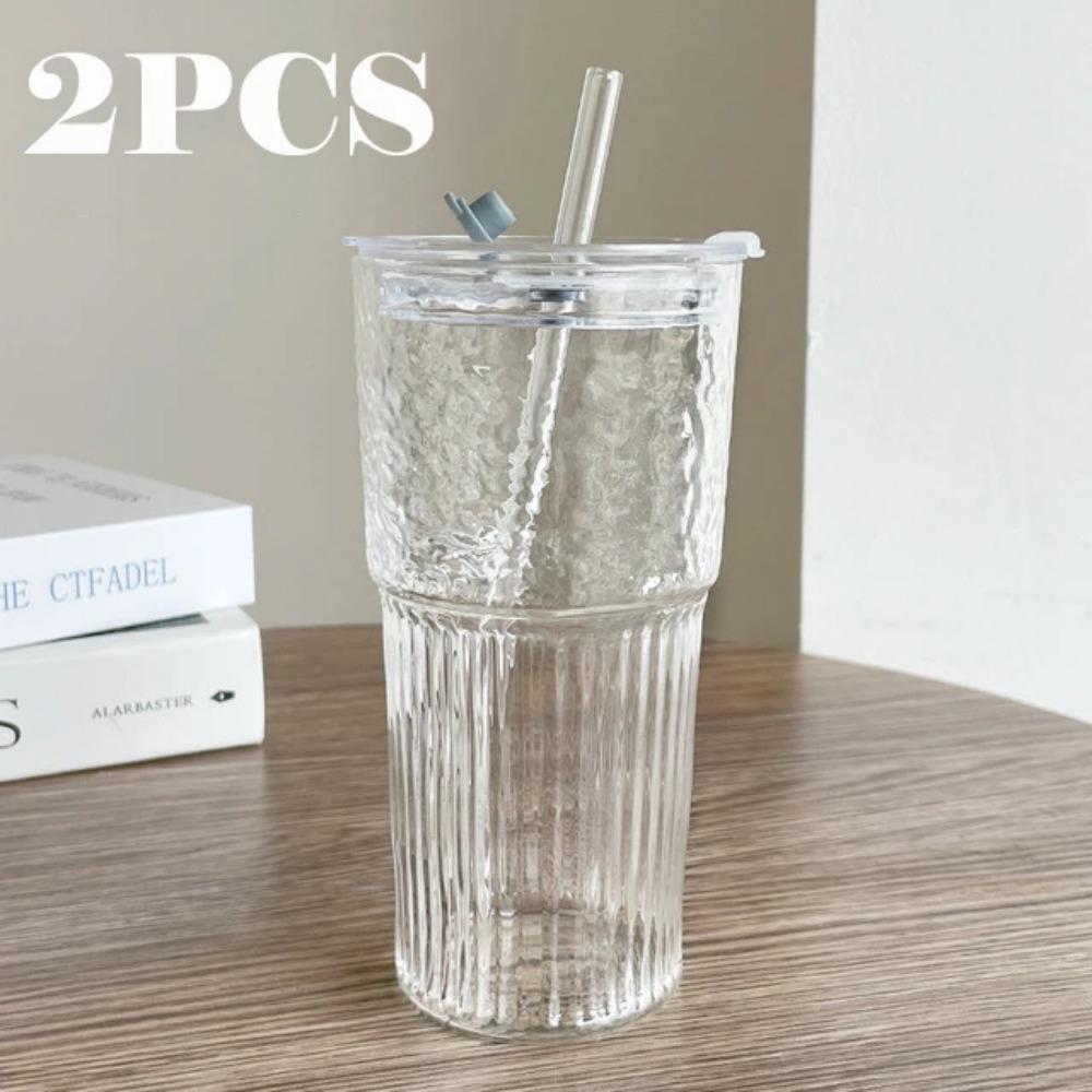 600ML Stripe Glass Cup With Lid and Straw Transparent Ice American Coffee Cup Summer Ice Drinking Cup Bubble Tea Cup Juice Glass