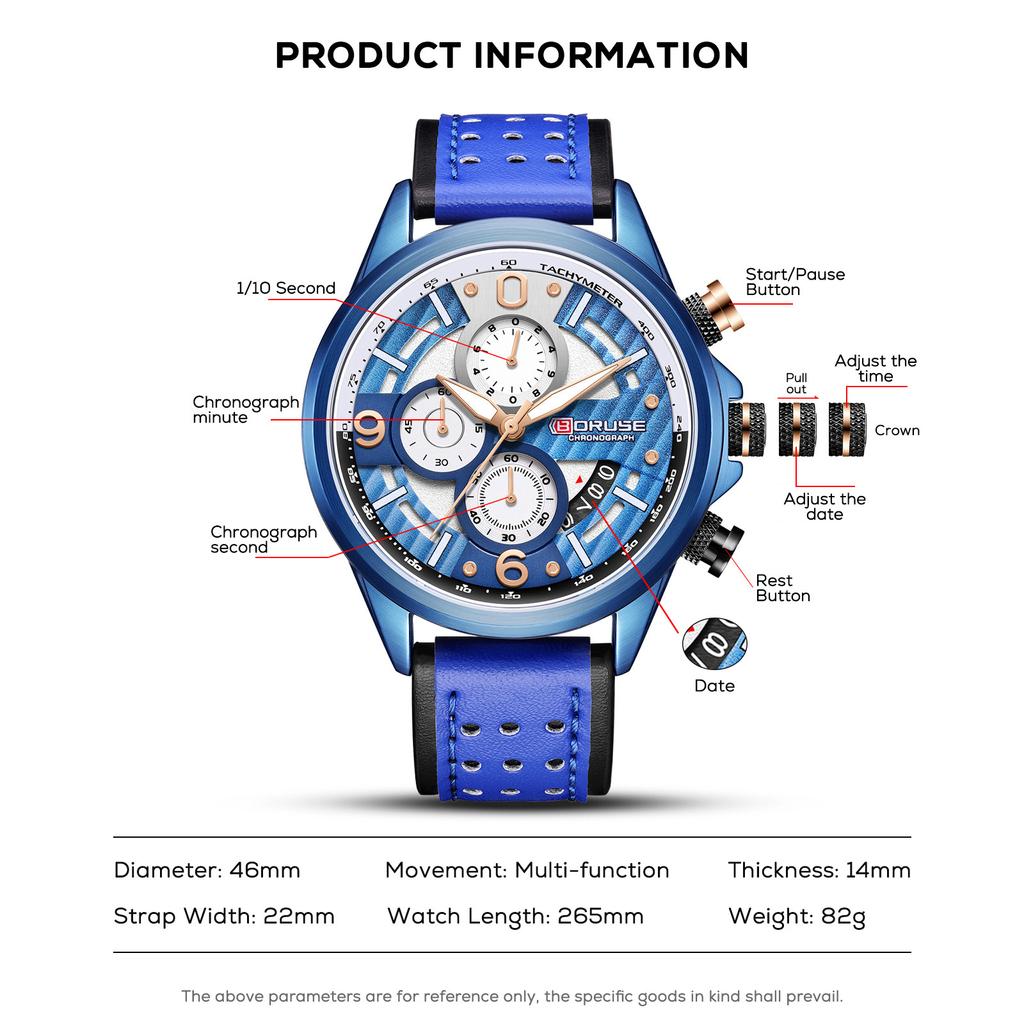 BORUSE Men's Sports Watch Quartz Men's Casual Sports Watch Large Dial Men's Watch Fashion Luminous Calendar Watch Leather strap watch for men