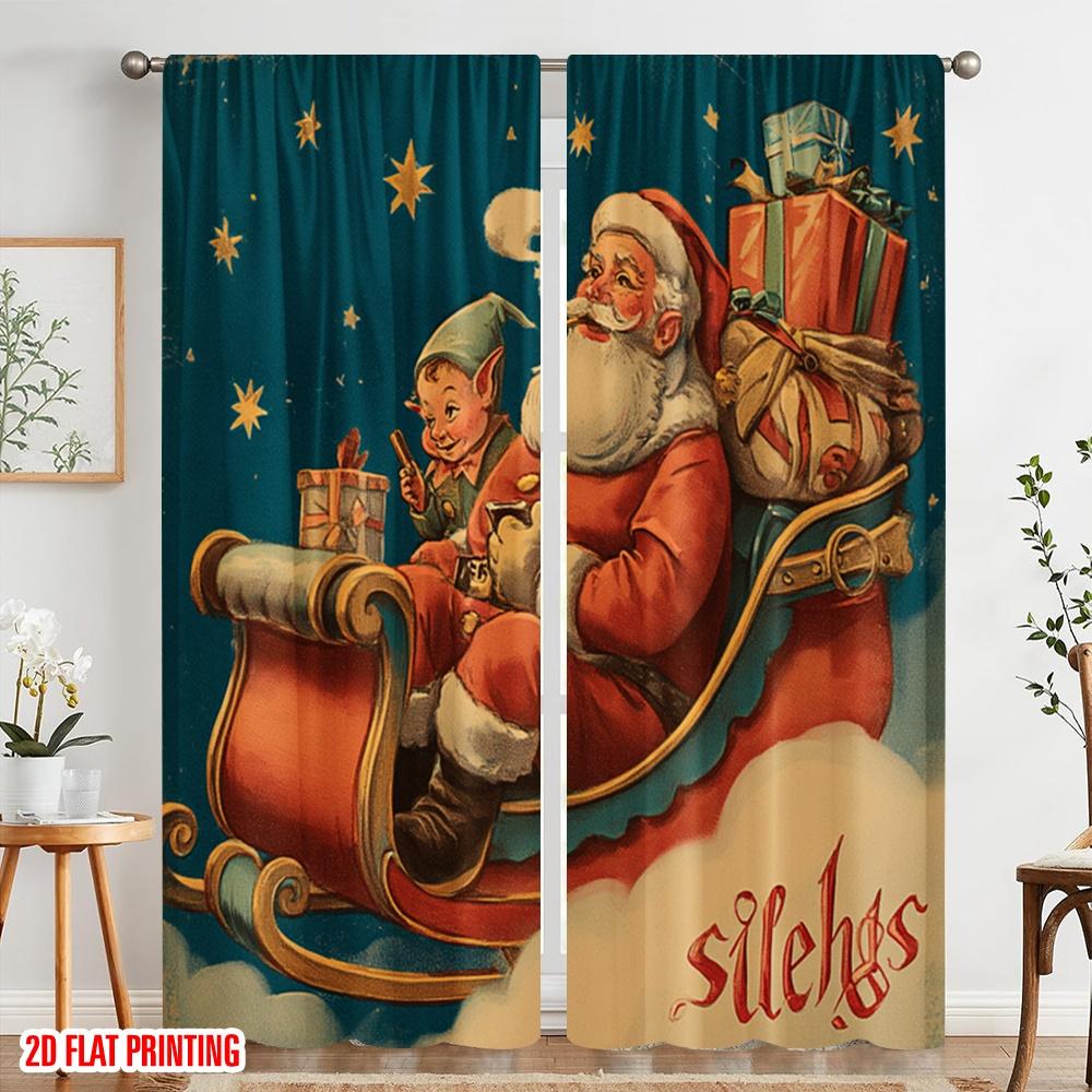 2pcs,2D Plane Printing Print Curtains Santa Claus Gift Polyester Woven (without Rod) All Seasons Ldeal for Various Room Types
