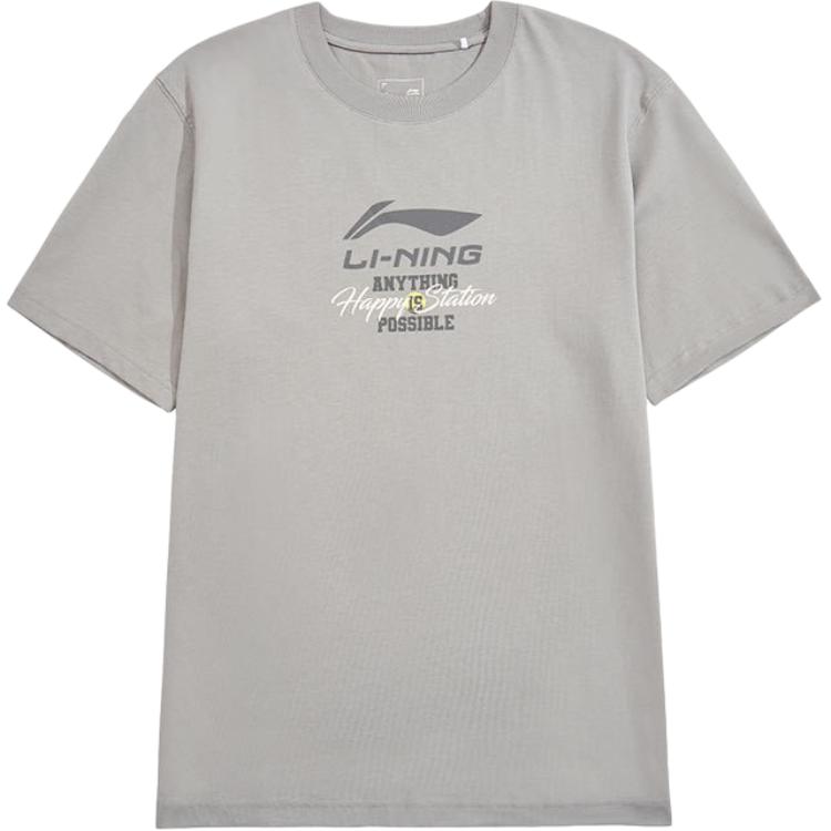 Li-Ning Comfortable Breathable Printed Letter Crew Neck Short Sleeve T-Shirt Men Tops Moon-Surface-Gray AHSU547-4
