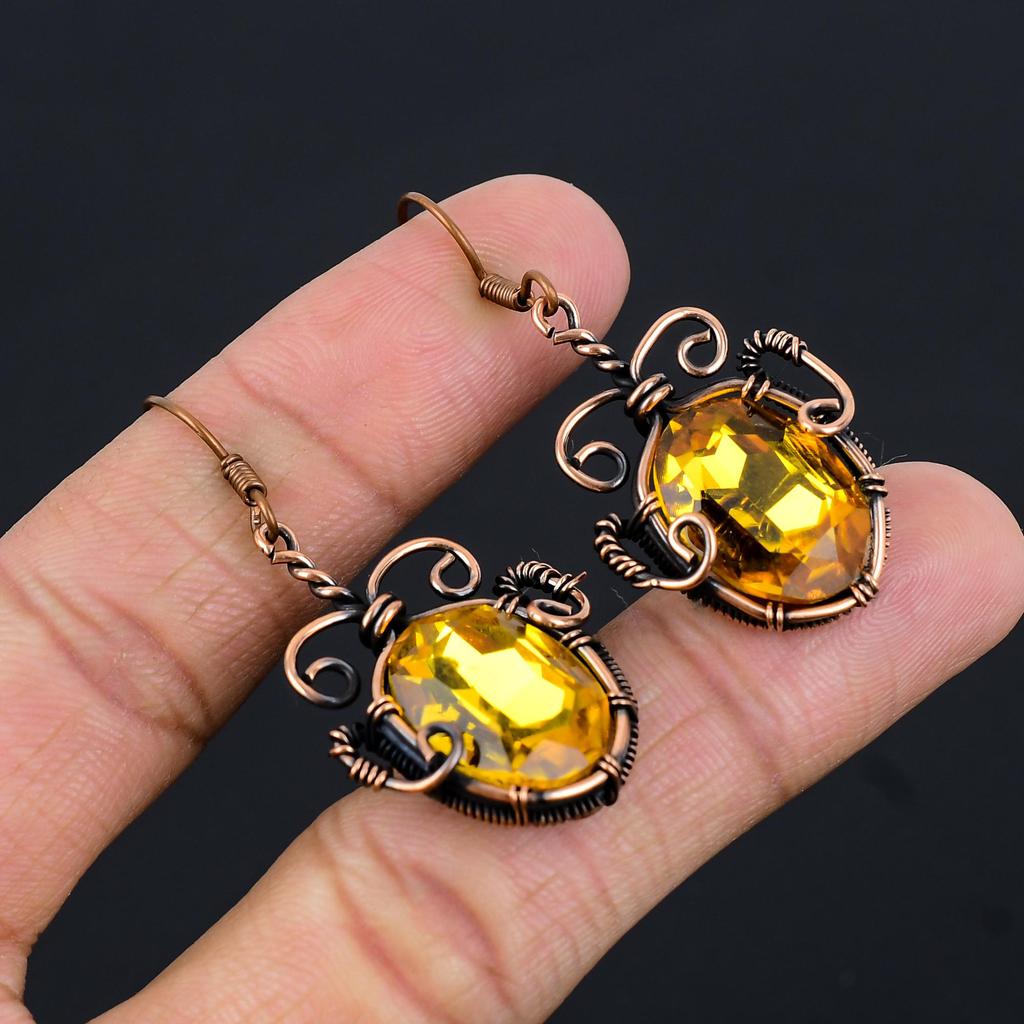 Citrine Earrings, 999 Copper Wire Wrapped Gemstone Jewelry, Handmade Earrings, For Thanksgiving