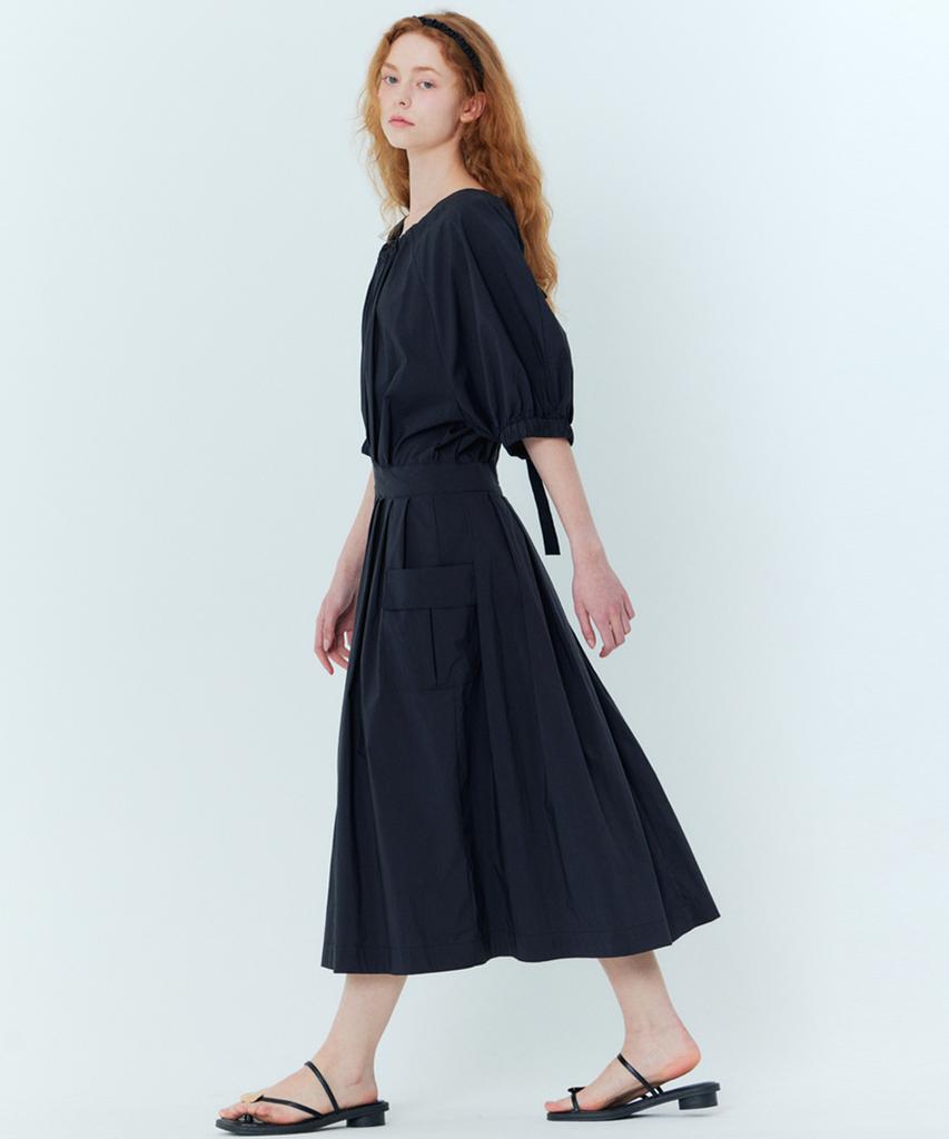 Opening Sunshine Balloon Shirred Pleated Dress Black