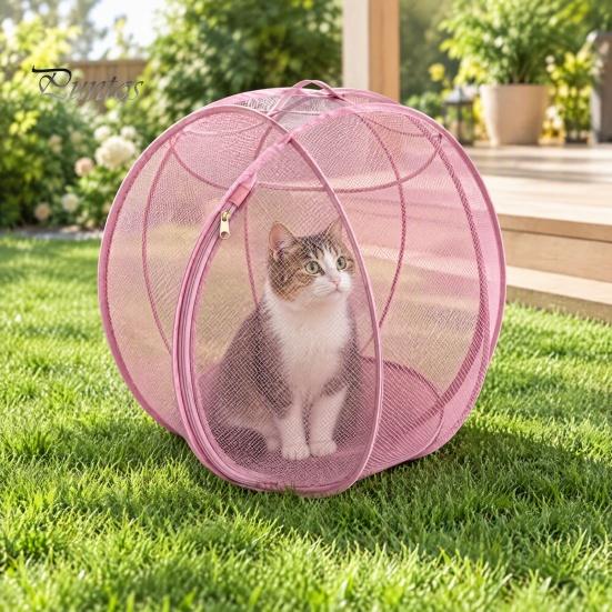Faltbares Katzenzelt für Camping Pop-Up Rollgehege, Outdoor Katzengehege Spielgehege, Atmungsaktives Netz Haustier Belüftet Kaninchen Bewegungsballkäfig mit Reißverschluss,