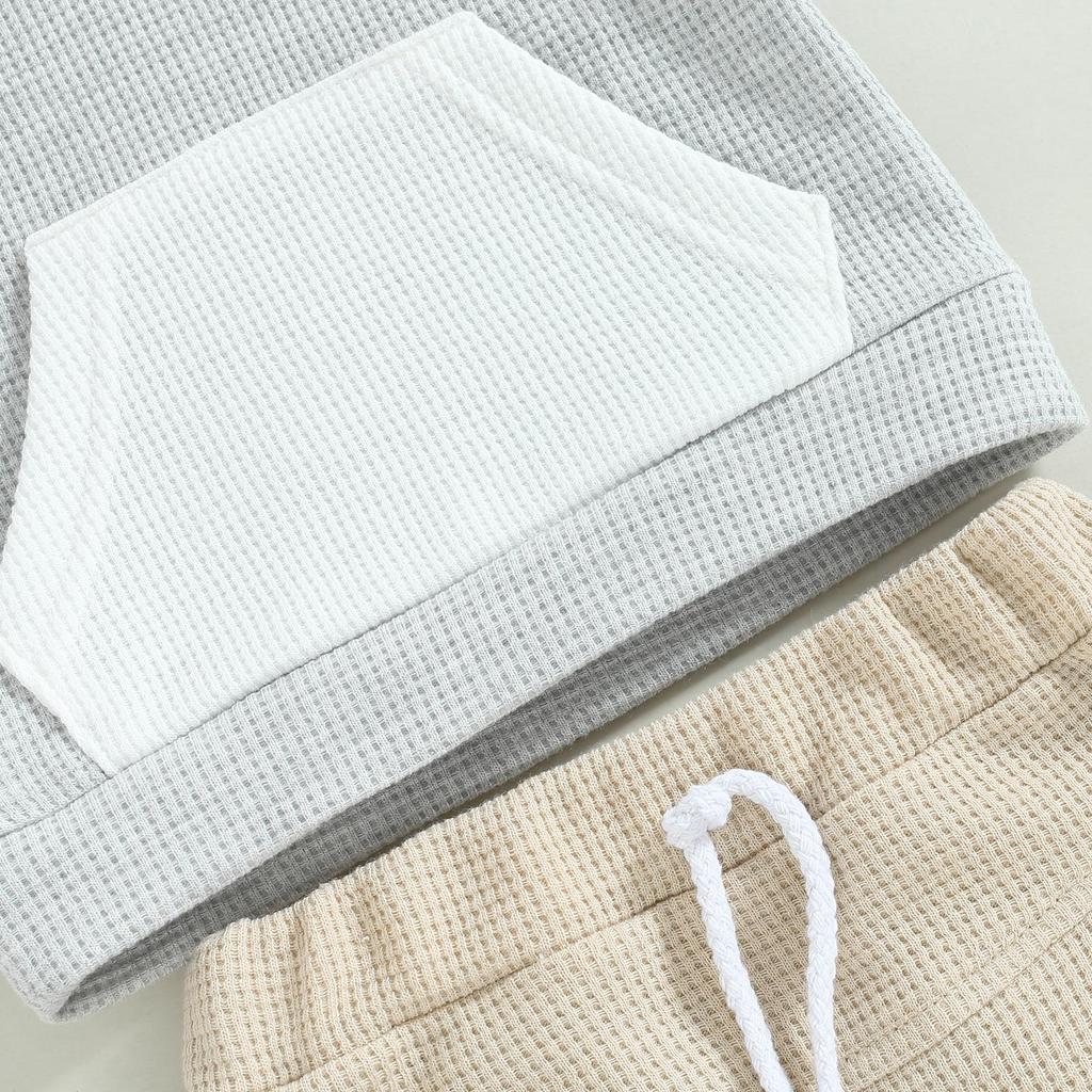 Infant Toddler Baby Boys Summer Outfits Waffle Hoodie Short Sleeve Shirt Top and Shorts Set 2Pcs Tracksuit Clothes