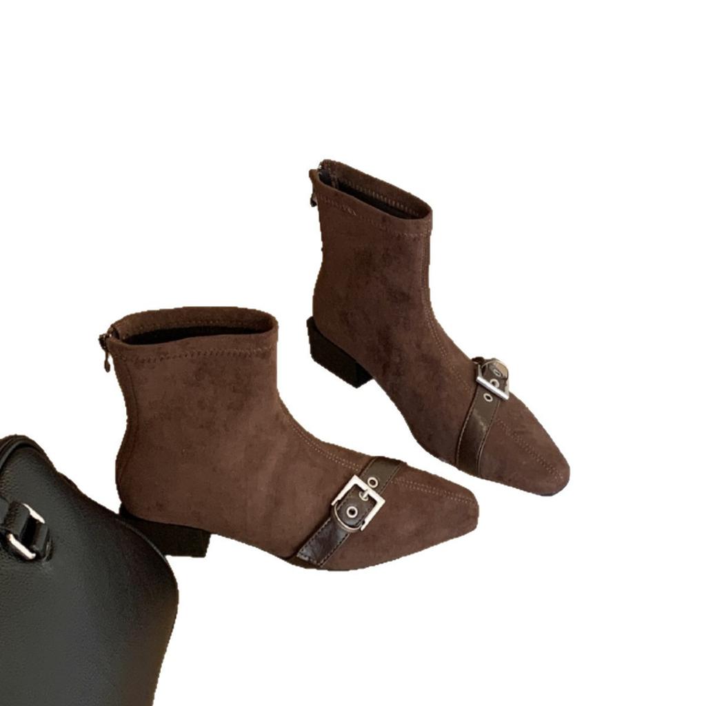 Autumn new belt buckle short thin boots women's small square head thick heel fashion boots