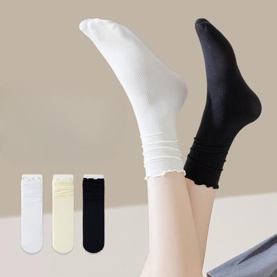 Sommer Dünne Mid-Calf Socken für Damen, Atmungsaktive Weiße Spitze Eis-Socken mit Kleinen Lederschuhen, Nahtlose Eis-Seide Socken