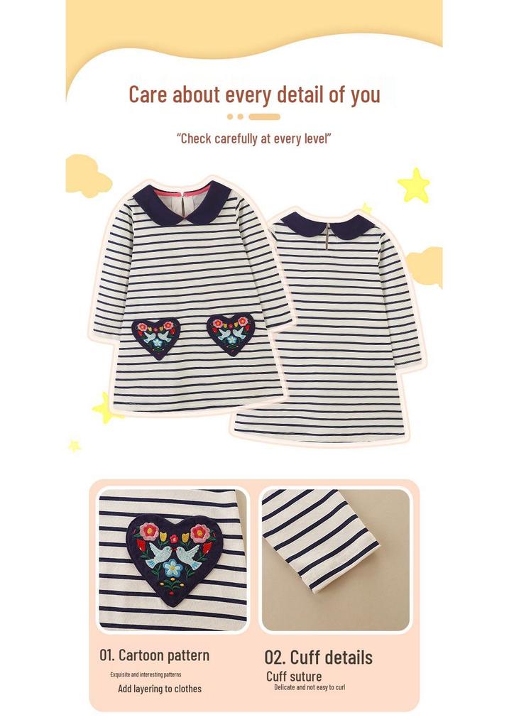 European Style Striped Princess Dress for Girls with Lapel and Embroidery – Long Sleeve Toddler Dress
